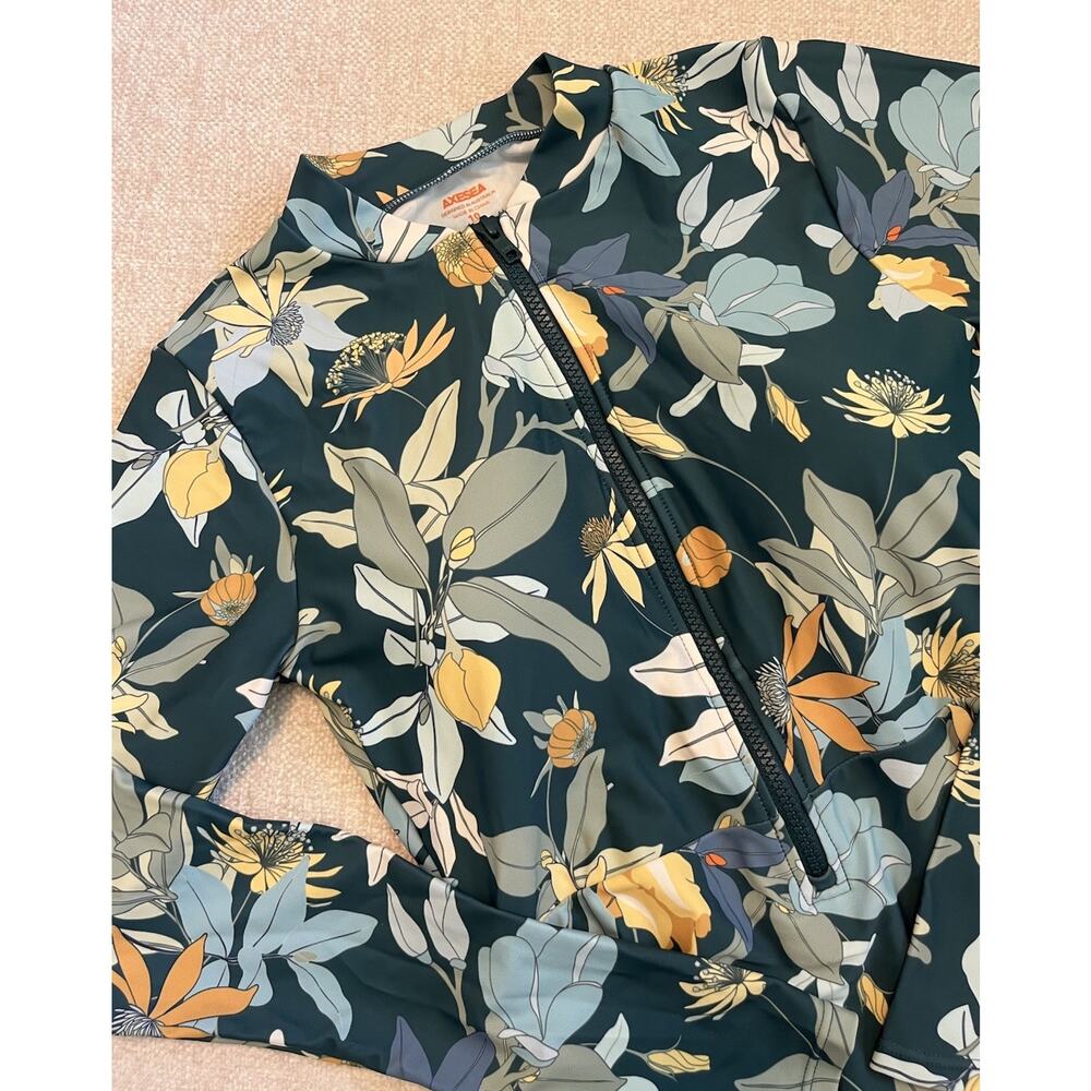 AXESEA Rash Guard Long Sleeve One Piece Swimsuit Zip Bathing Suit Floral Size 10
